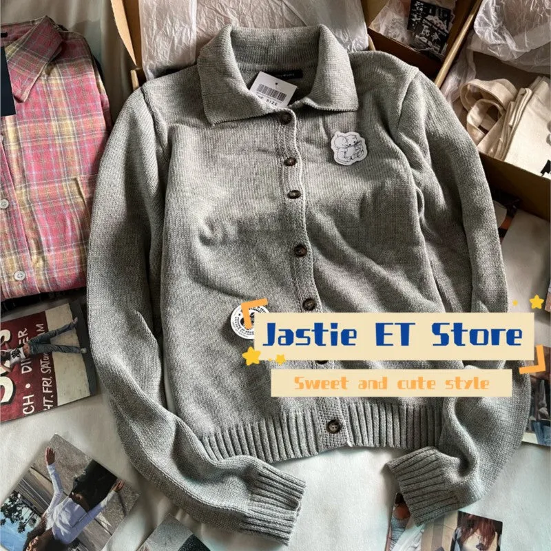 JazzHer Turn Down Collar Gray Winter Sweater Single Breasted Solid Color Casual Pullovers Y2K Streetwear Loose Fall Tops Woman new