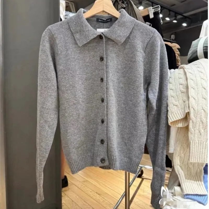 JazzHer Turn Down Collar Gray Winter Sweater Single Breasted Solid Color Casual Pullovers Y2K Streetwear Loose Fall Tops Woman new