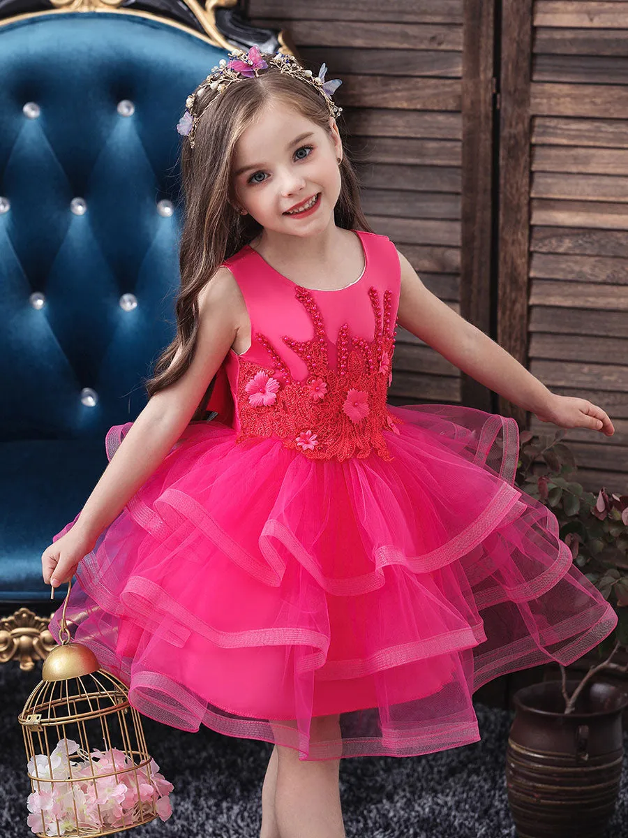Jewel Neck Tulle Sleeveless Short Princess Beaded Kids Party Dresses