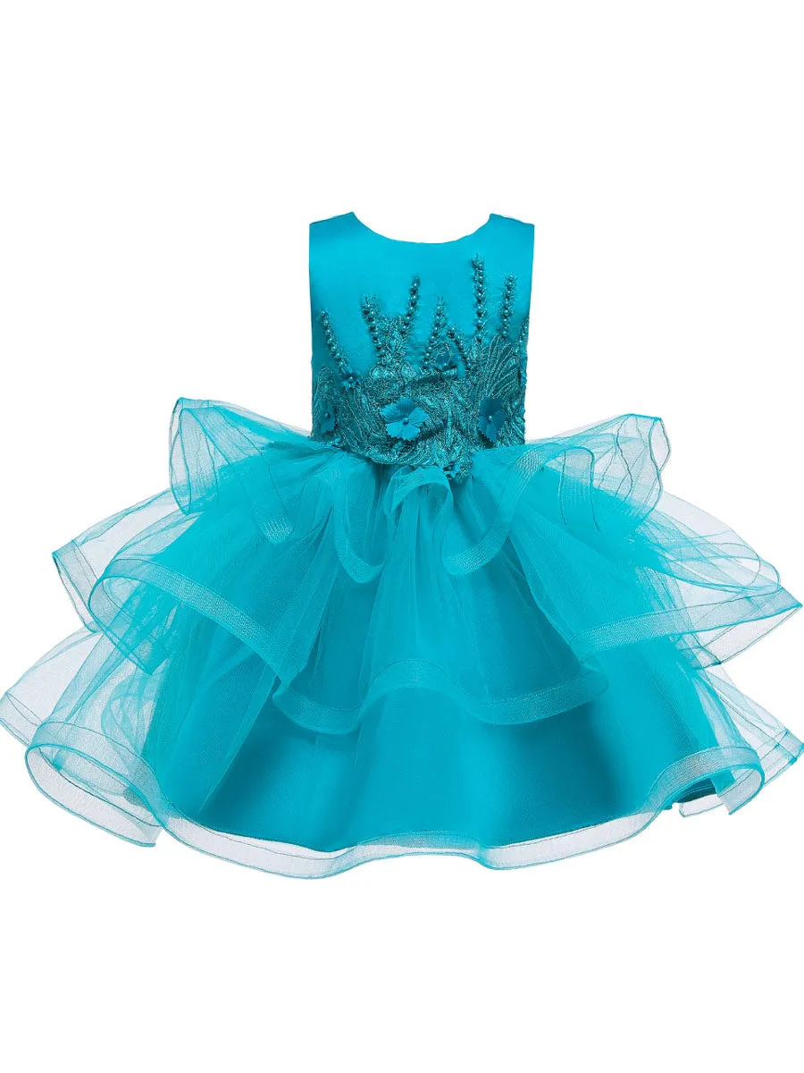 Jewel Neck Tulle Sleeveless Short Princess Beaded Kids Party Dresses