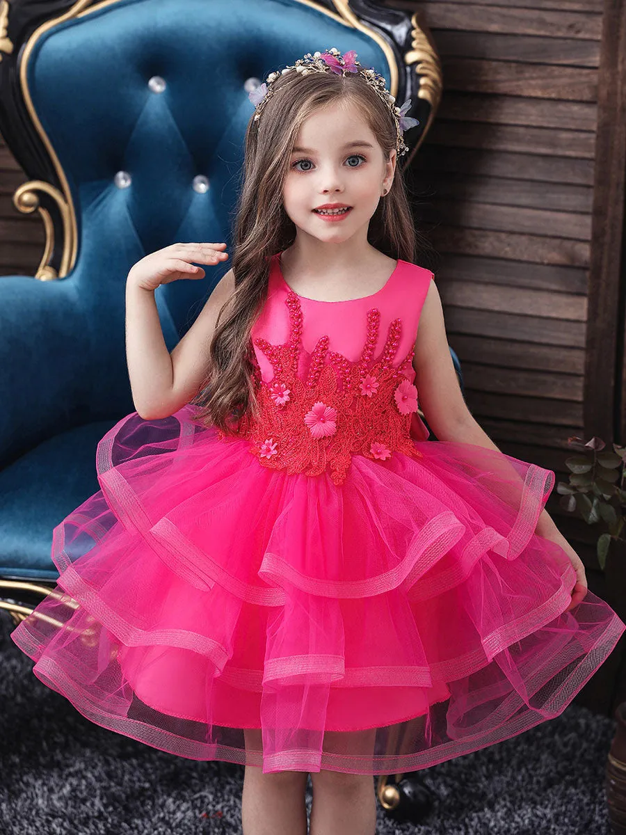 Jewel Neck Tulle Sleeveless Short Princess Beaded Kids Party Dresses