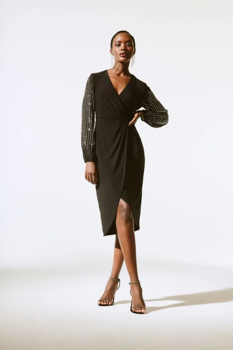 Joseph Ribkoff Beaded Puff Sleeve Wrap Front Sheath Dress 243726