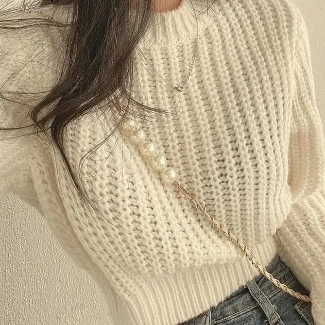 Knitted Sweater Pullovers Japan Girls Solid O Neck Short Crop Knit Tops 4 Colors