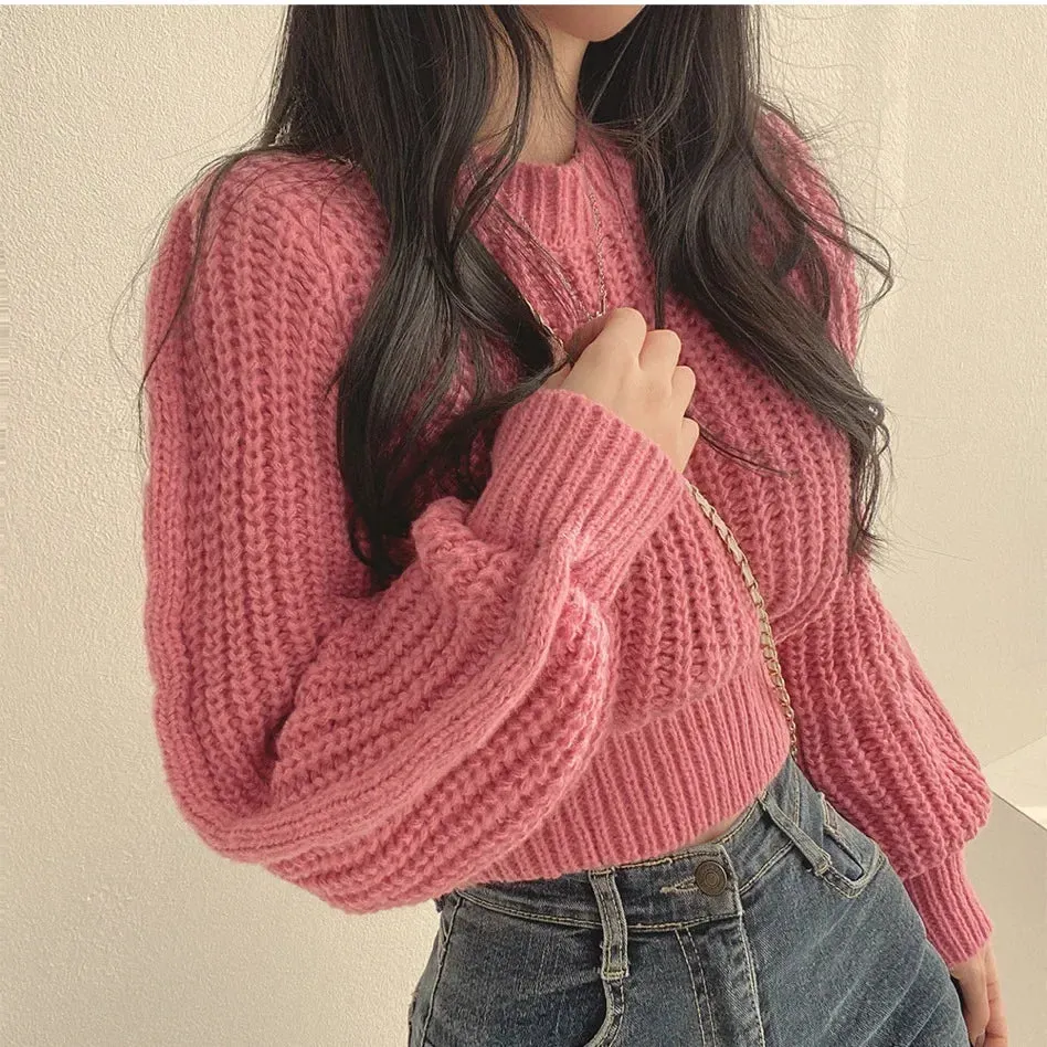 Knitted Sweater Pullovers Japan Girls Solid O Neck Short Crop Knit Tops 4 Colors
