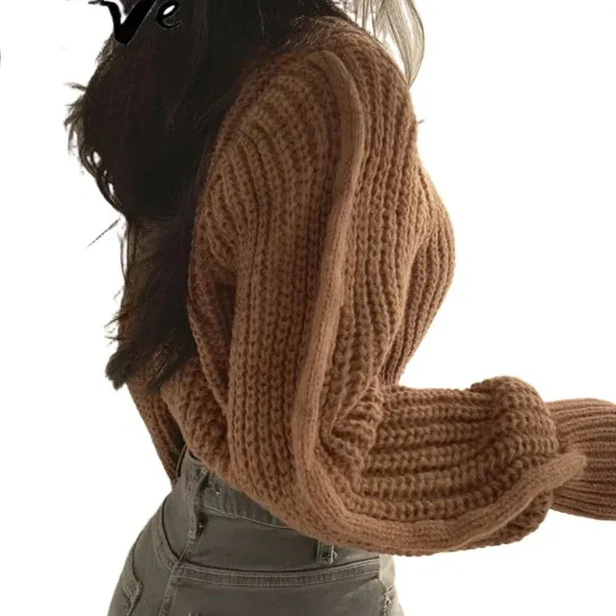 Knitted Sweater Pullovers Japan Girls Solid O Neck Short Crop Knit Tops 4 Colors