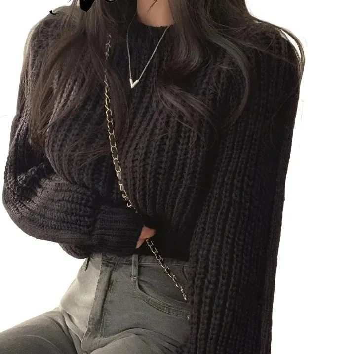 Knitted Sweater Pullovers Japan Girls Solid O Neck Short Crop Knit Tops 4 Colors