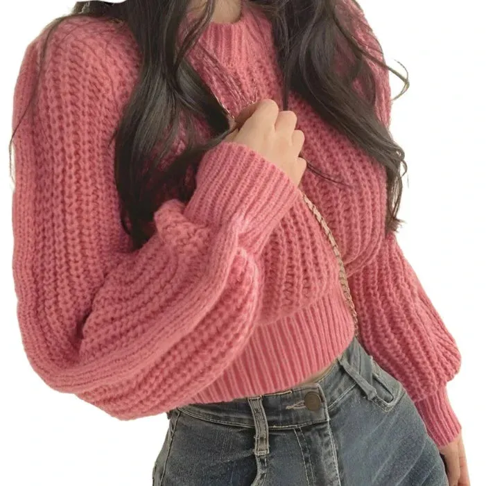Knitted Sweater Pullovers Japan Girls Solid O Neck Short Crop Knit Tops 4 Colors