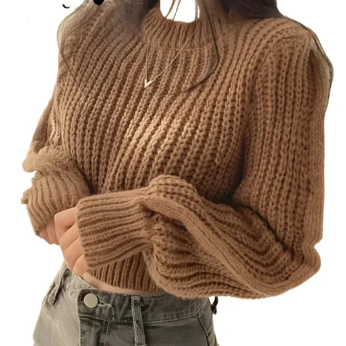 Knitted Sweater Pullovers Japan Girls Solid O Neck Short Crop Knit Tops 4 Colors