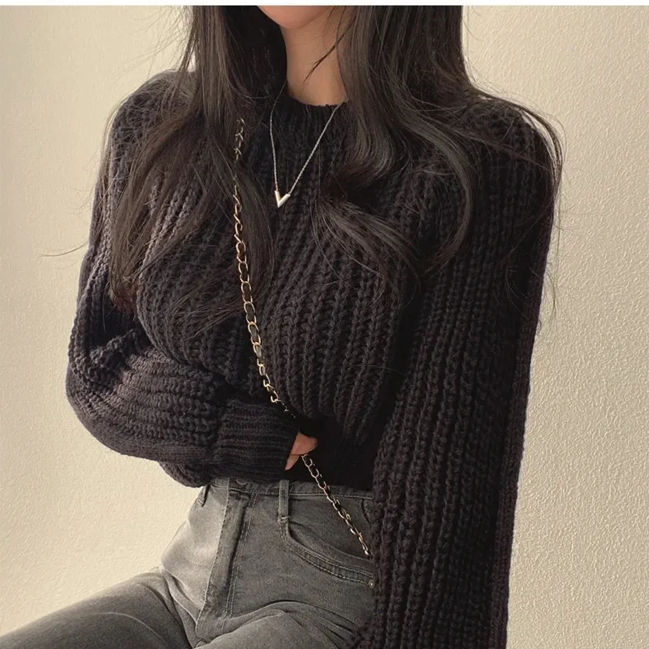 Knitted Sweater Pullovers Japan Girls Solid O Neck Short Crop Knit Tops 4 Colors
