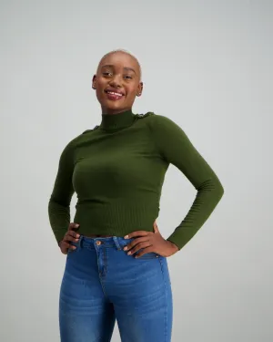 Ladies Buttoned Turtle Neck Knit Jersey - Fatigue Green