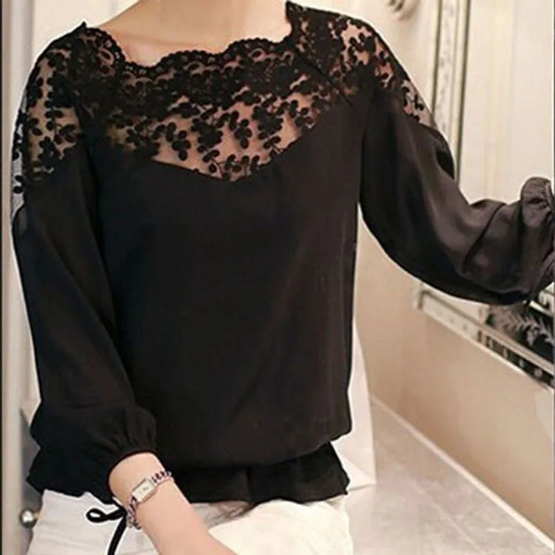 Ladies Girl Women 3\4 Sleeve Lace Hollow Casual Chiffon Blouse Crop Tops