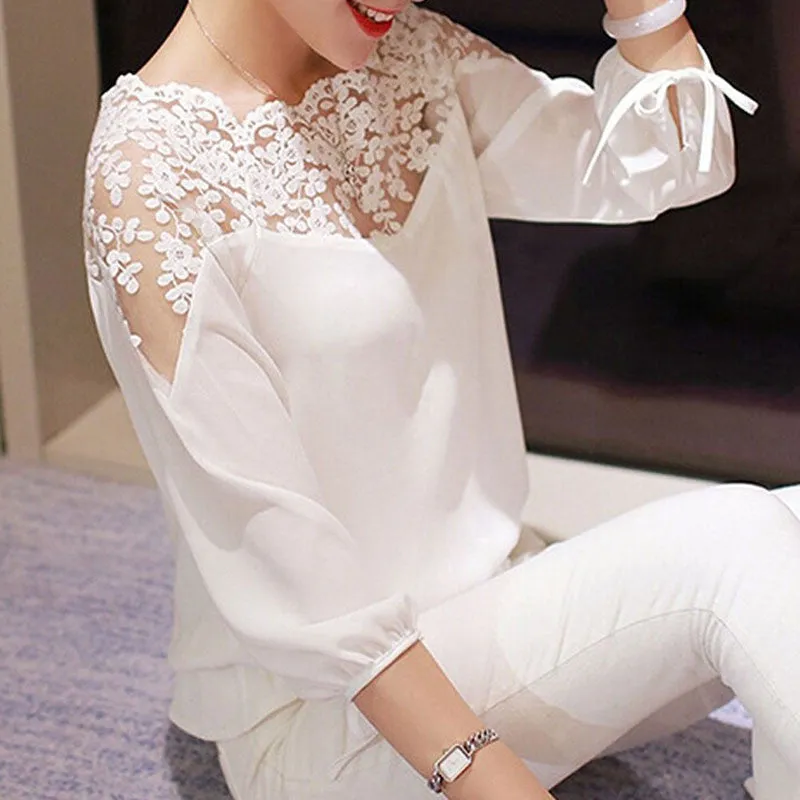 Ladies Girl Women 3\4 Sleeve Lace Hollow Casual Chiffon Blouse Crop Tops