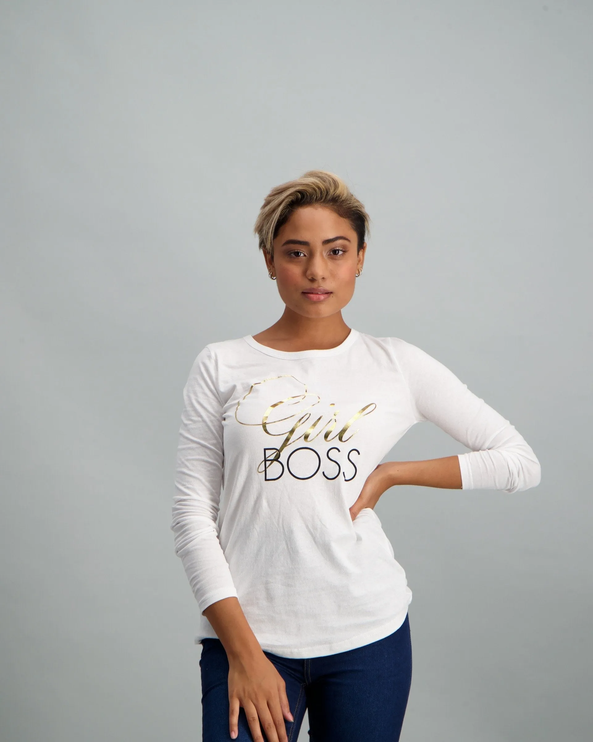 Ladies Long Sleeve Girl Boss T-Shirt - White
