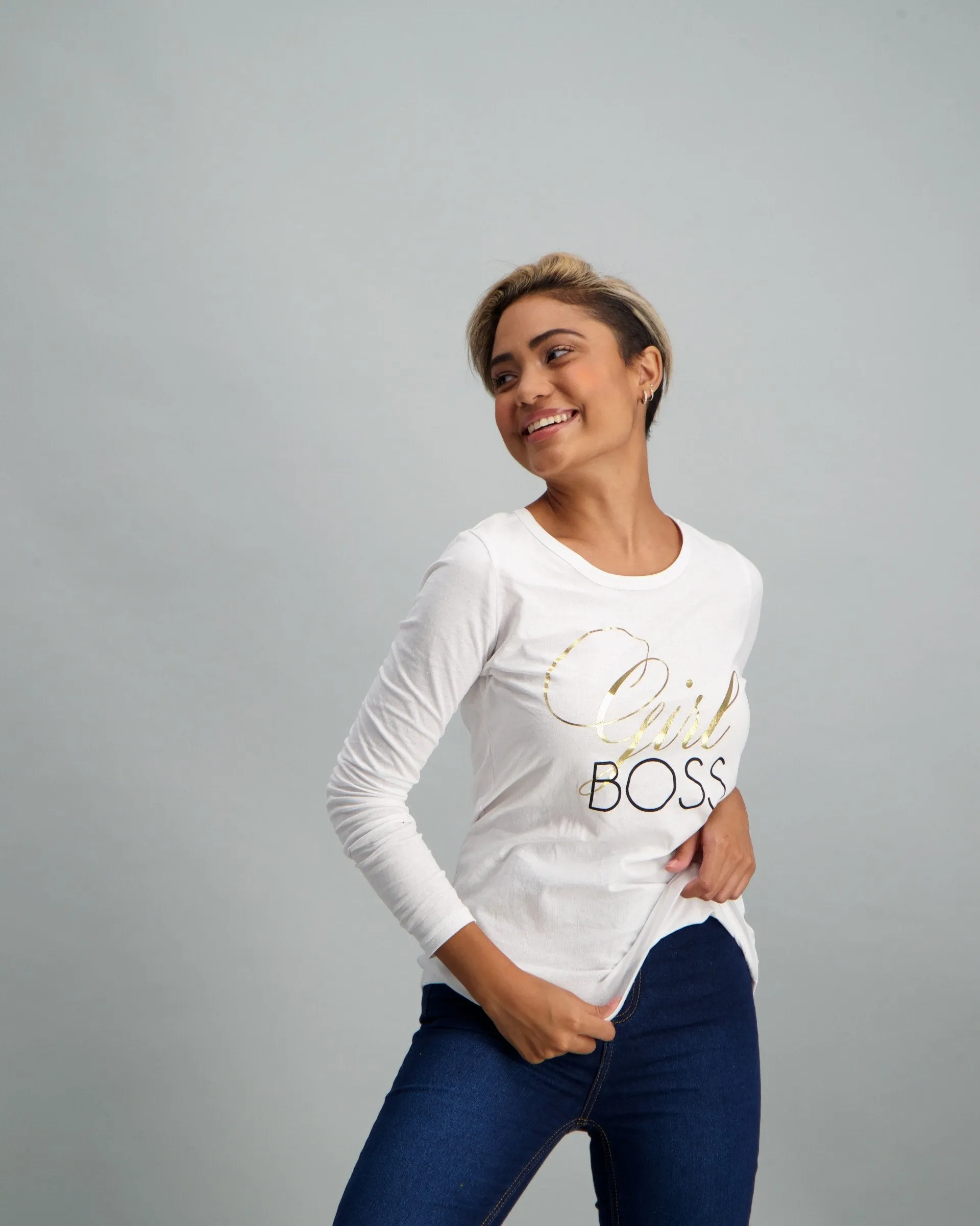 Ladies Long Sleeve Girl Boss T-Shirt - White