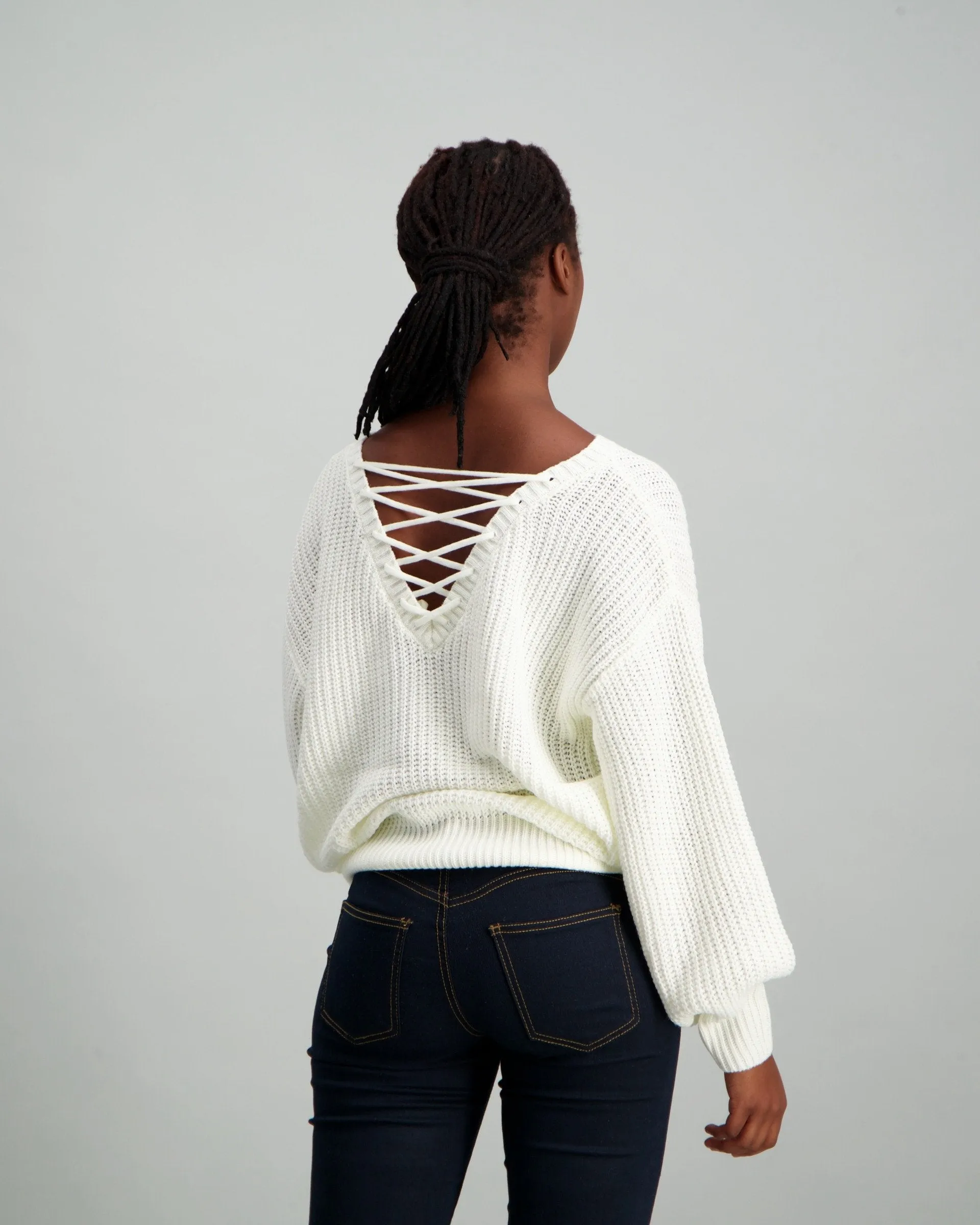 Ladies Pullover with Lace-Up Back Detail - White