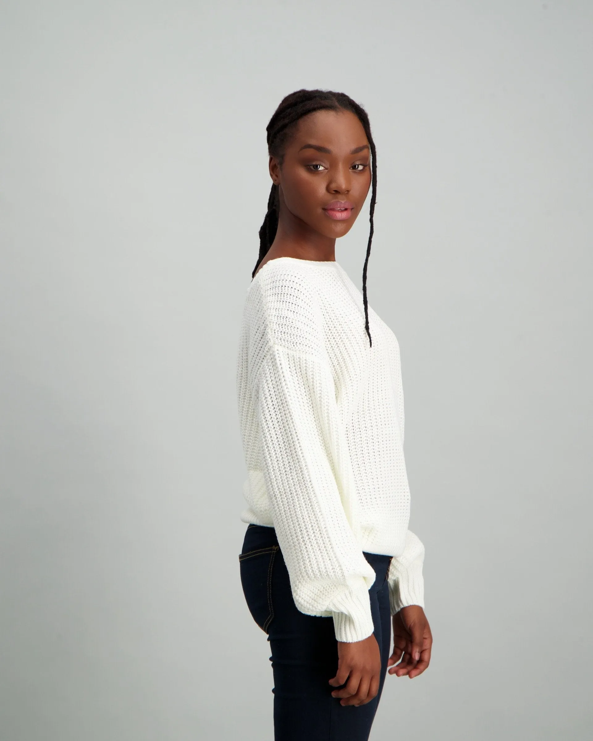Ladies Pullover with Lace-Up Back Detail - White