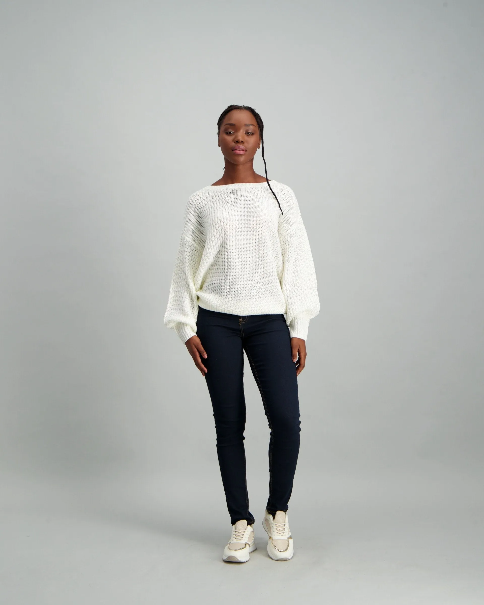 Ladies Pullover with Lace-Up Back Detail - White