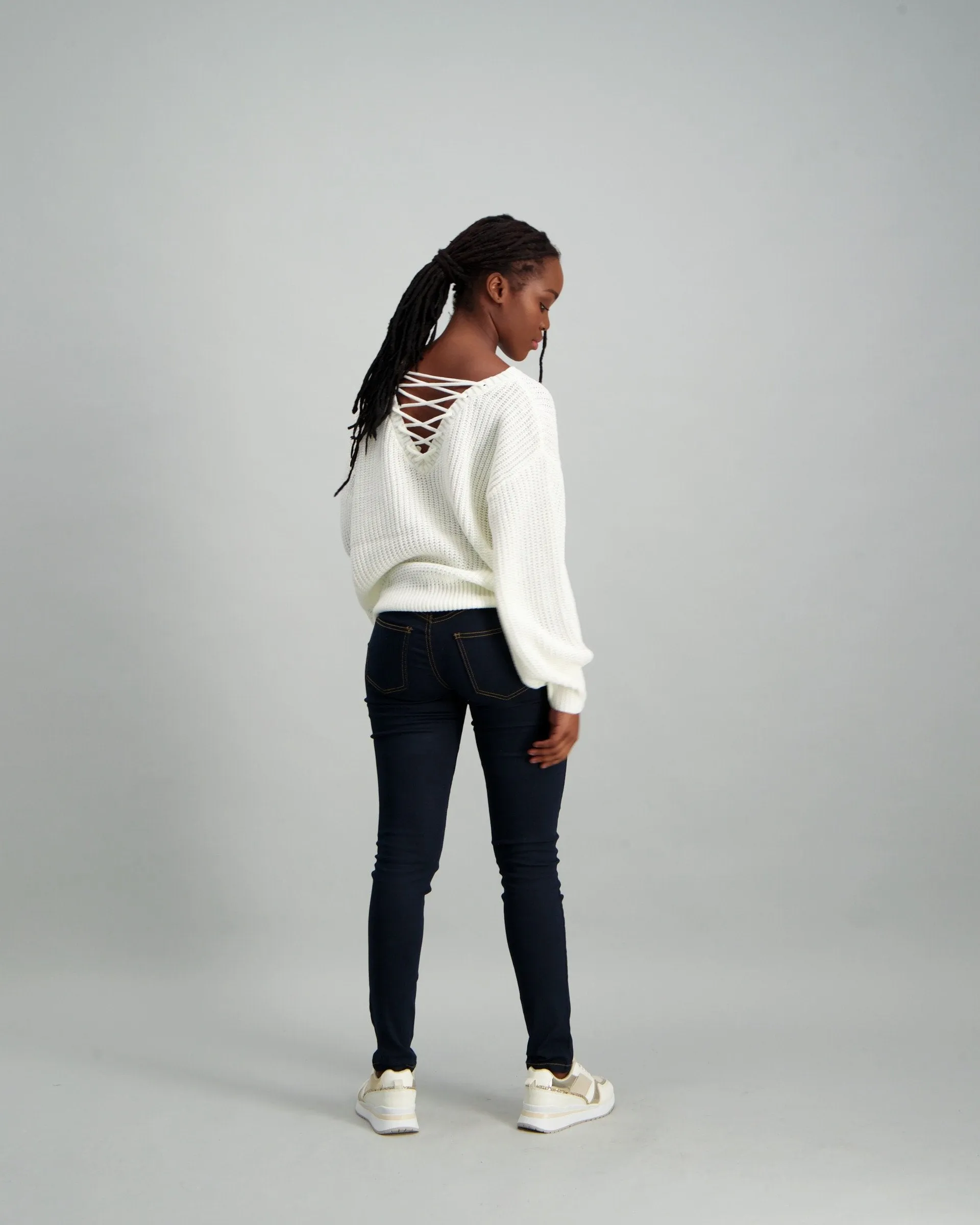 Ladies Pullover with Lace-Up Back Detail - White