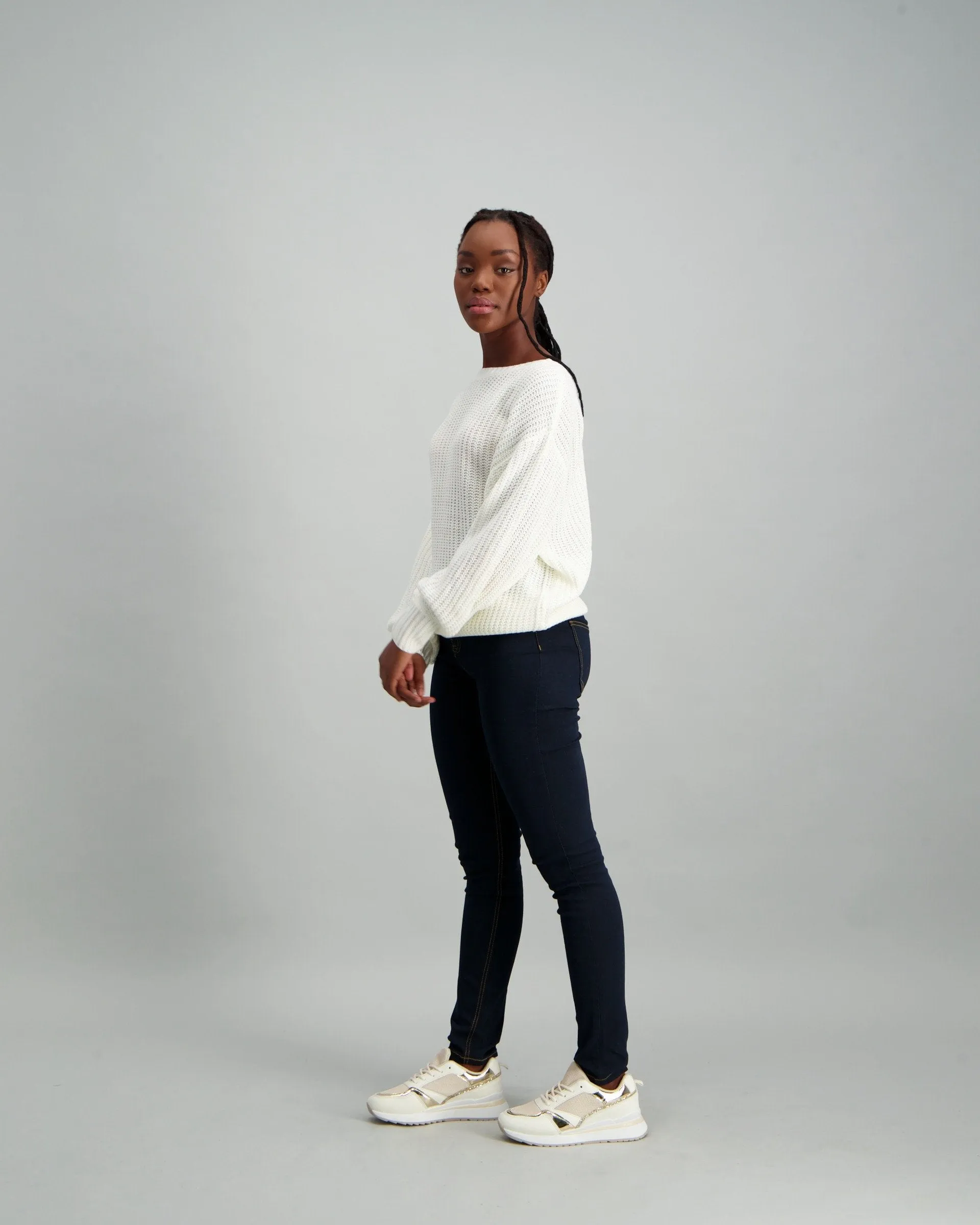 Ladies Pullover with Lace-Up Back Detail - White