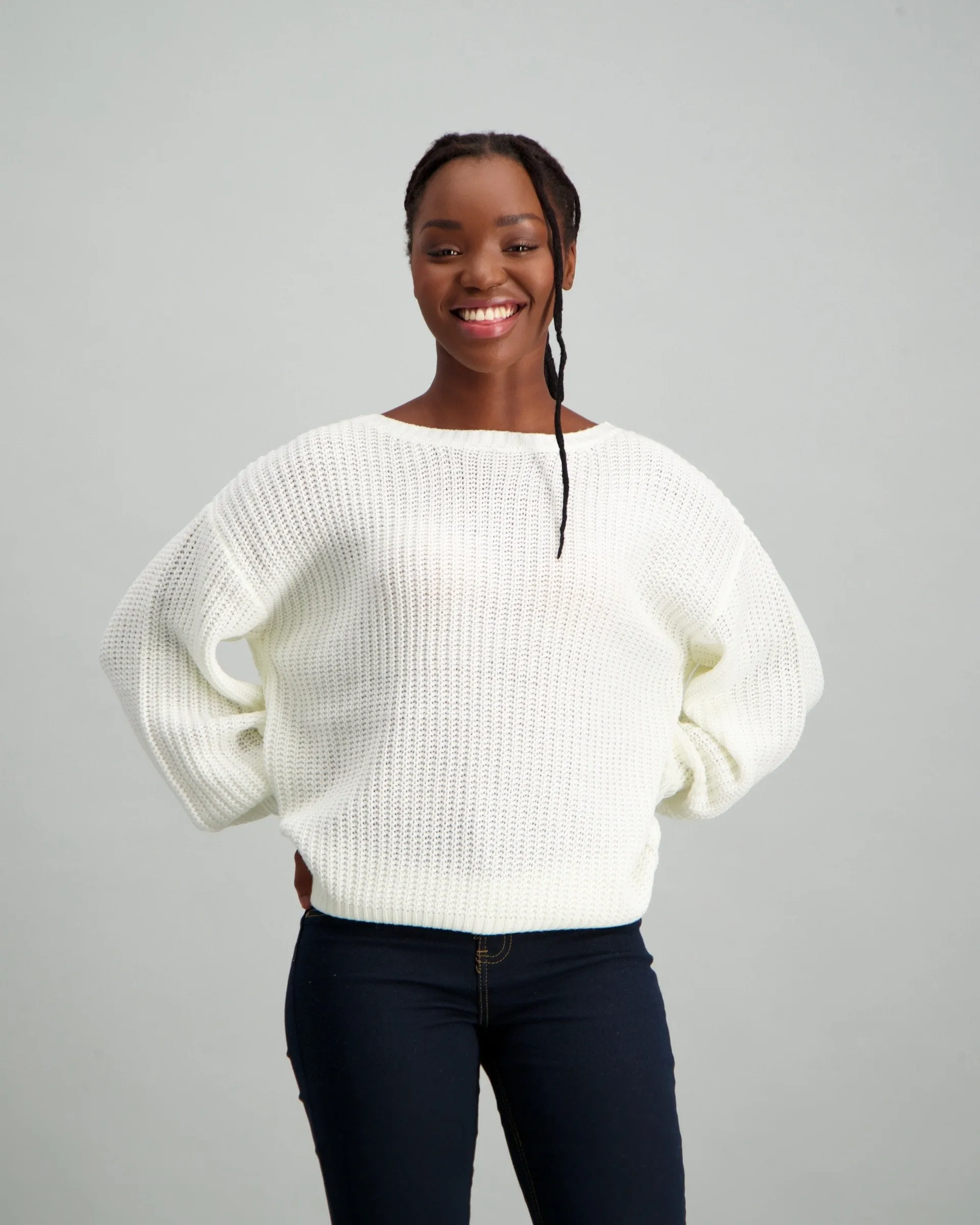 Ladies Pullover with Lace-Up Back Detail - White