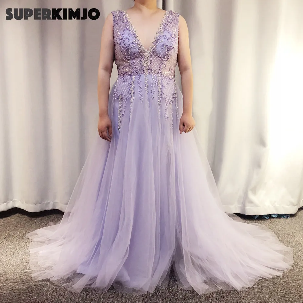 Lavender Prom Dresses 2020 V Neck Beaded Crystals Purple Sexy Prom Gown Vestido De Longo