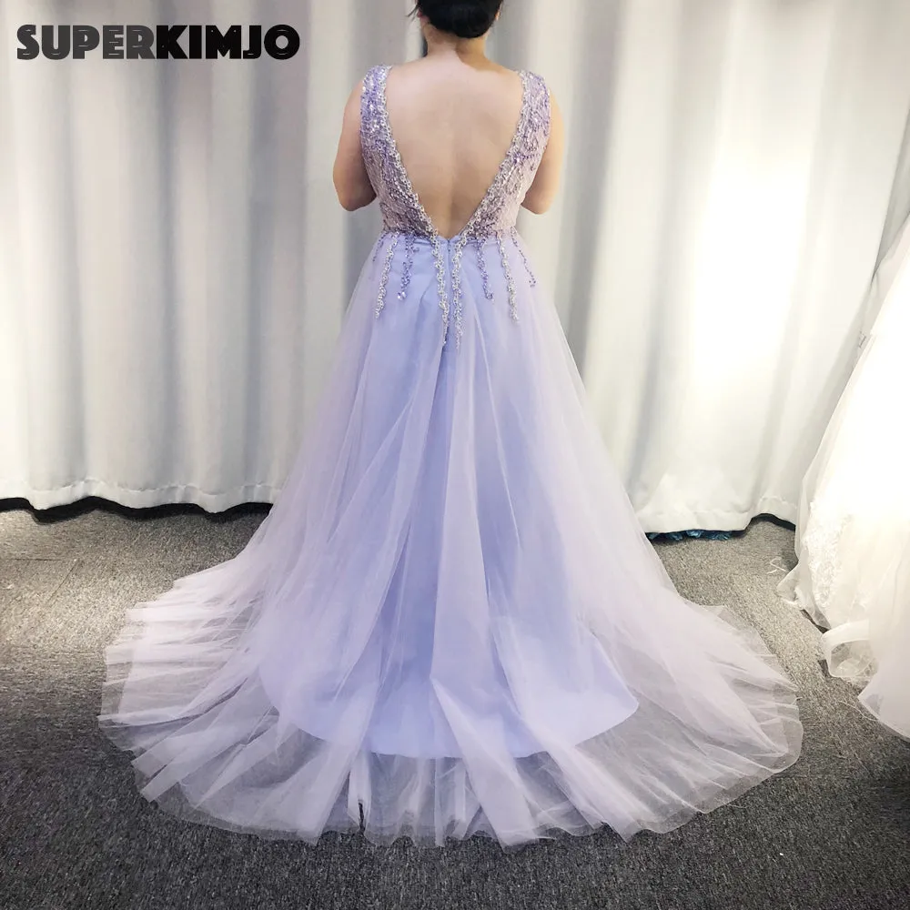 Lavender Prom Dresses 2020 V Neck Beaded Crystals Purple Sexy Prom Gown Vestido De Longo