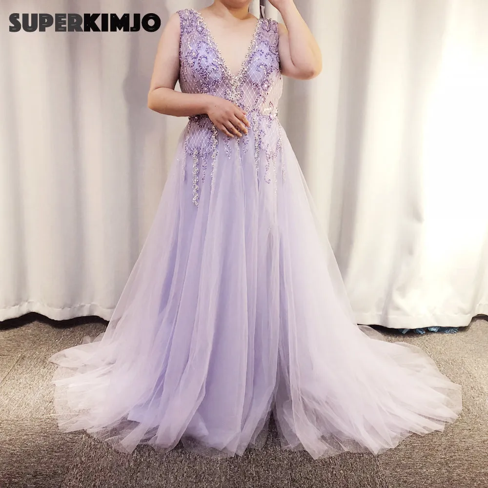 Lavender Prom Dresses 2020 V Neck Beaded Crystals Purple Sexy Prom Gown Vestido De Longo