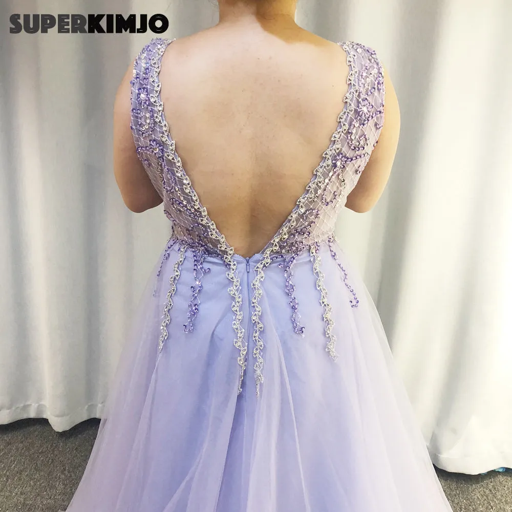 Lavender Prom Dresses 2020 V Neck Beaded Crystals Purple Sexy Prom Gown Vestido De Longo