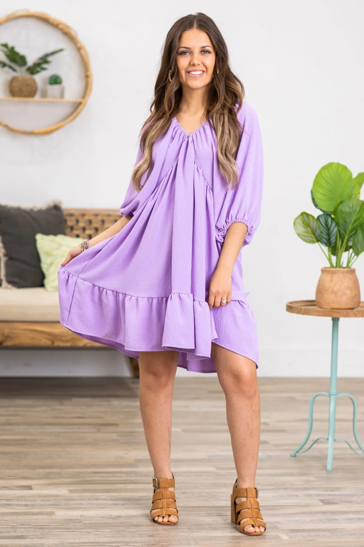 Lavender V-Neck Dolman Sleeve Dress