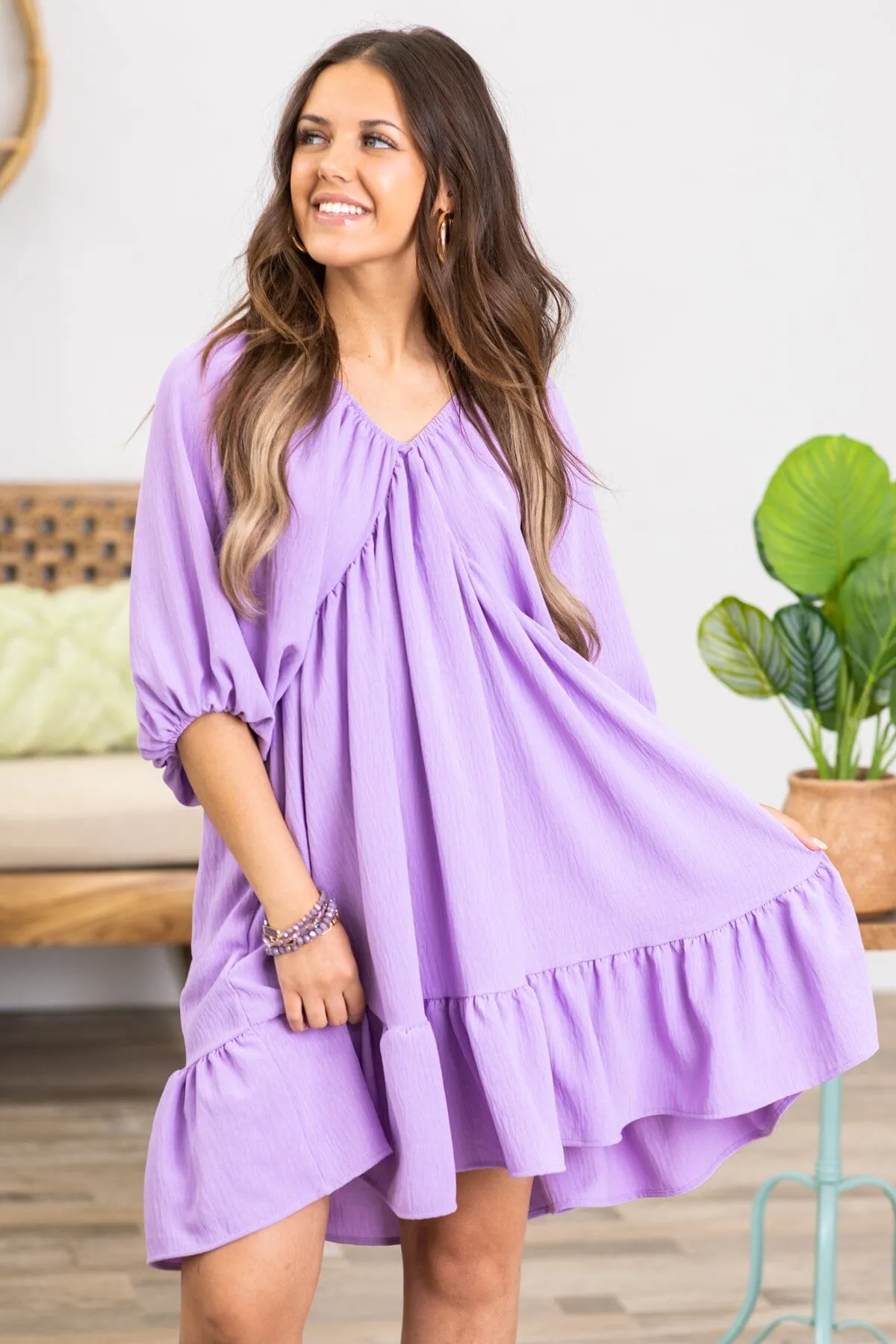 Lavender V-Neck Dolman Sleeve Dress
