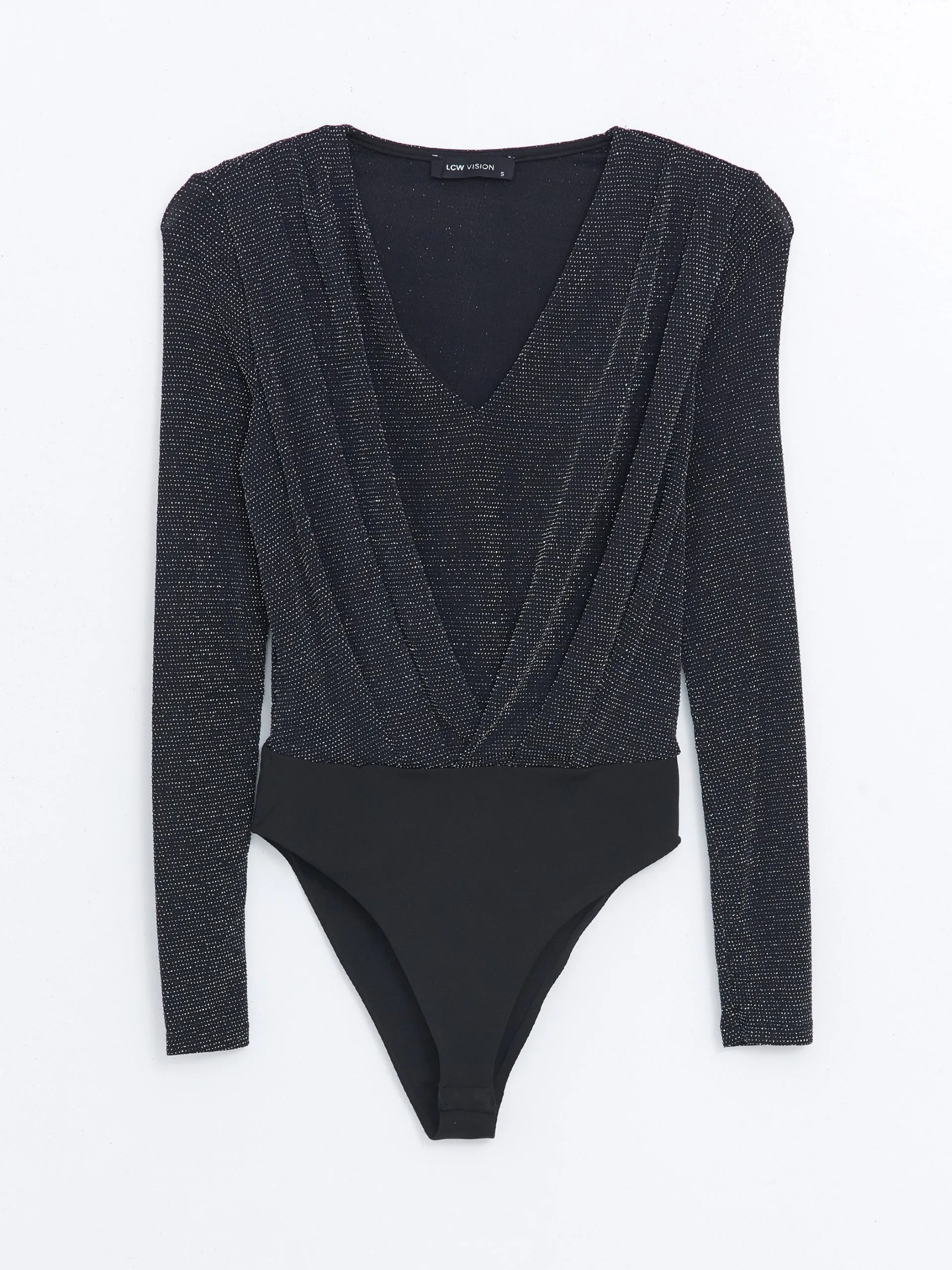 Lcw Vision Black V Neck Shiny Look Women'S Bodysuit