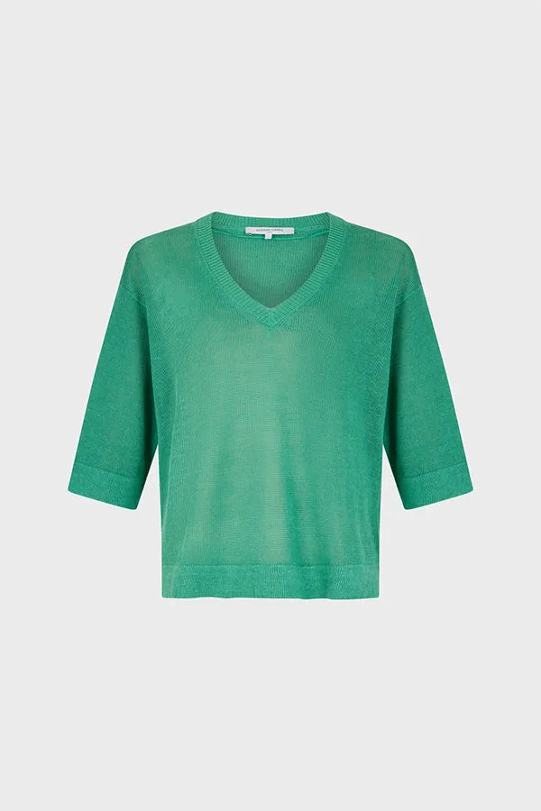 LEE GREEN V-NECK LINEN SWEATER