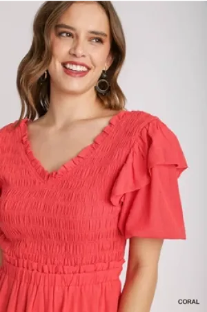Linen V-neck Coral Smocked Dress