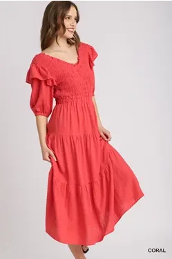 Linen V-neck Coral Smocked Dress
