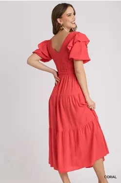 Linen V-neck Coral Smocked Dress