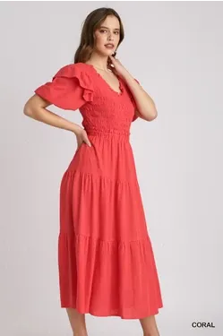 Linen V-neck Coral Smocked Dress