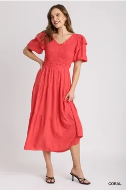 Linen V-neck Coral Smocked Dress