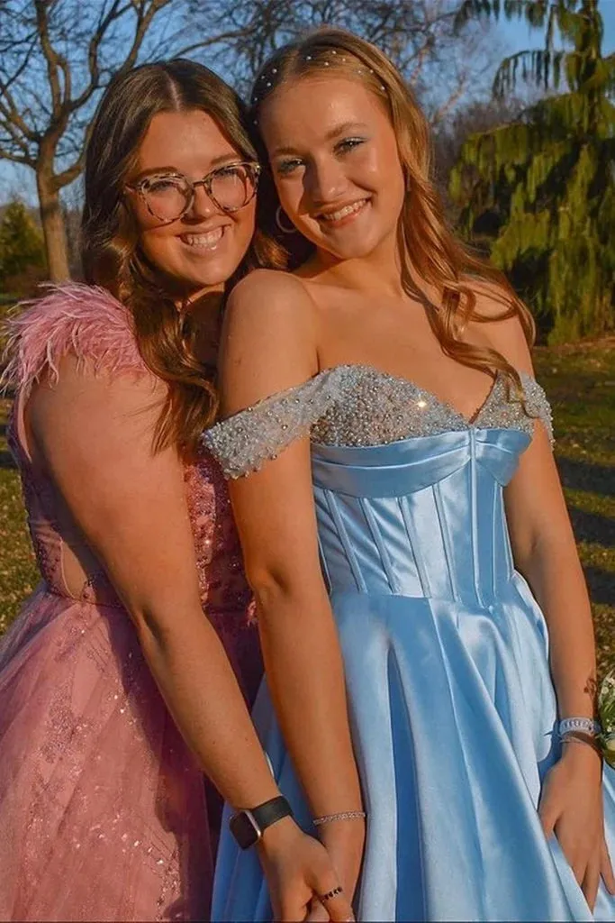 Long Light Blue 2024 Prom Dresses Satin Off the Shoulder Beaded Formal Dresses