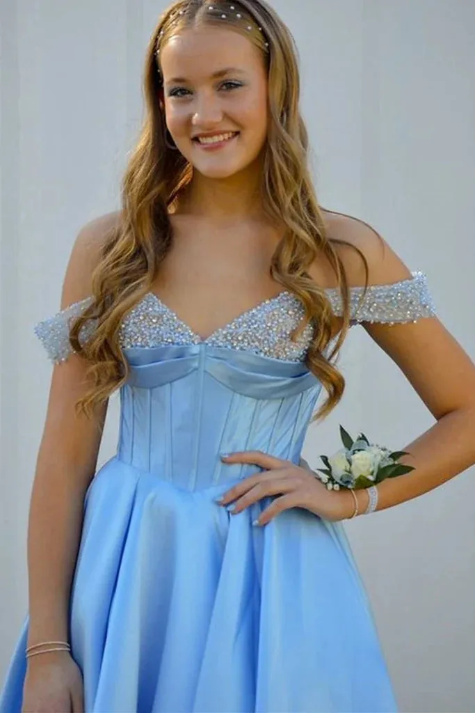 Long Light Blue 2024 Prom Dresses Satin Off the Shoulder Beaded Formal Dresses