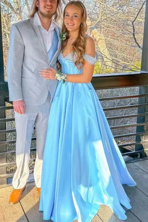 Long Light Blue 2024 Prom Dresses Satin Off the Shoulder Beaded Formal Dresses