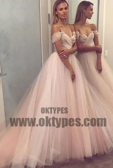 Long Light Pink Off-shoulder Ball Gown Prom Dresses With Little Beaded, TYP0581