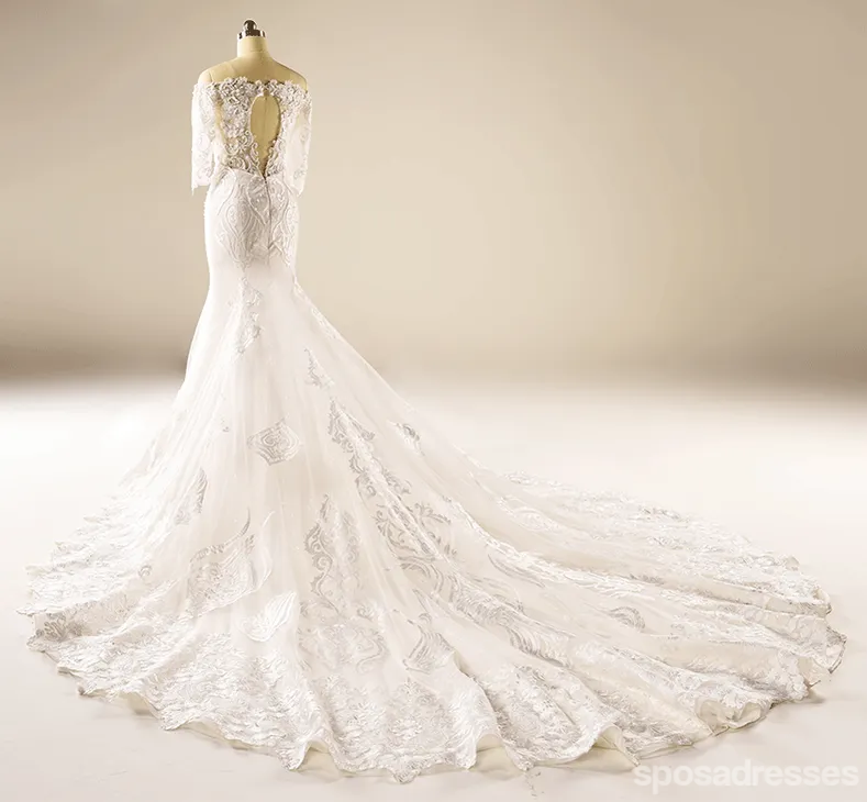 Long Sleeve Mermaid Lace Beaded Wedding Dresses, Custom Made Wedding Dresses, Affordable Wedding Bridal Gowns, WD228