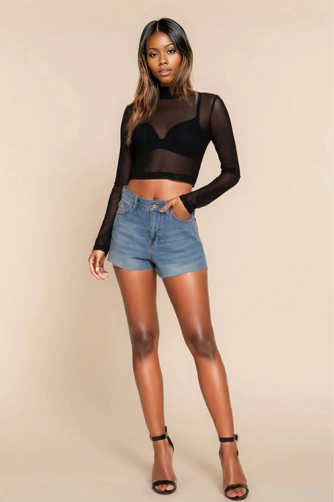 Long Sleeve Mock Neck Mesh Top