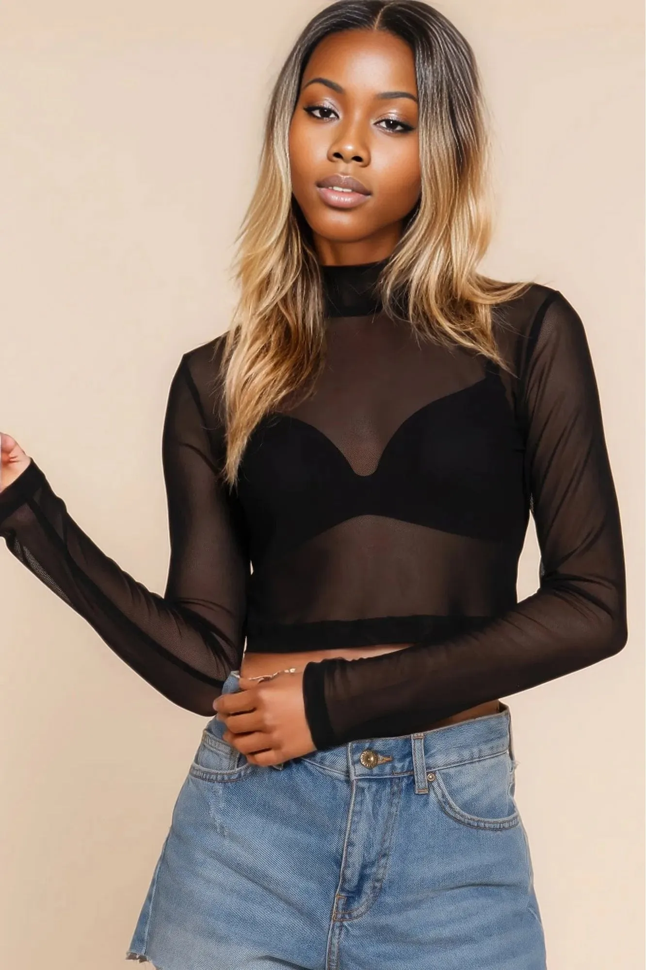 Long Sleeve Mock Neck Mesh Top