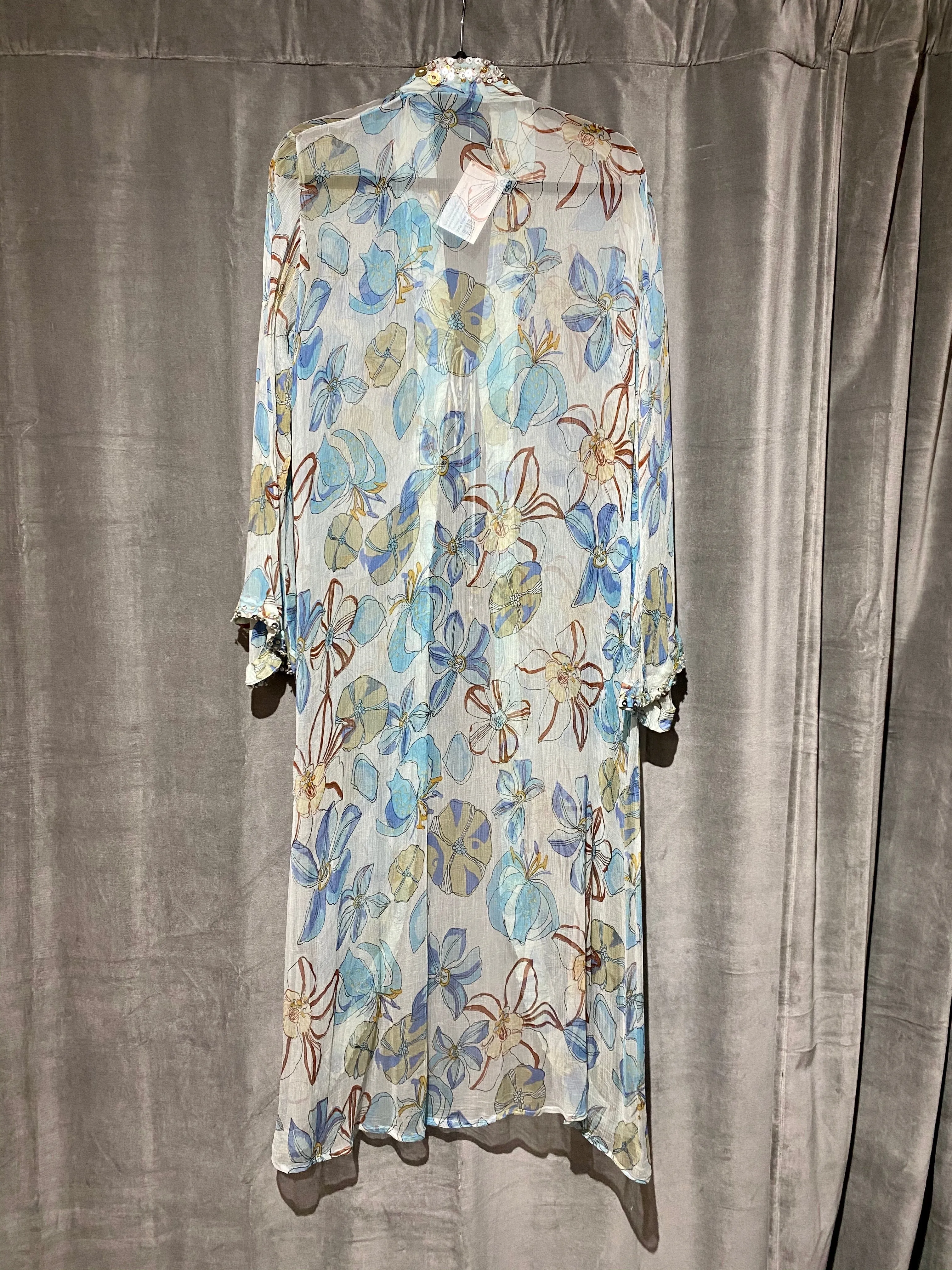 Long Sleeve Sheer Beaded Trim Open ankle Length Cover up