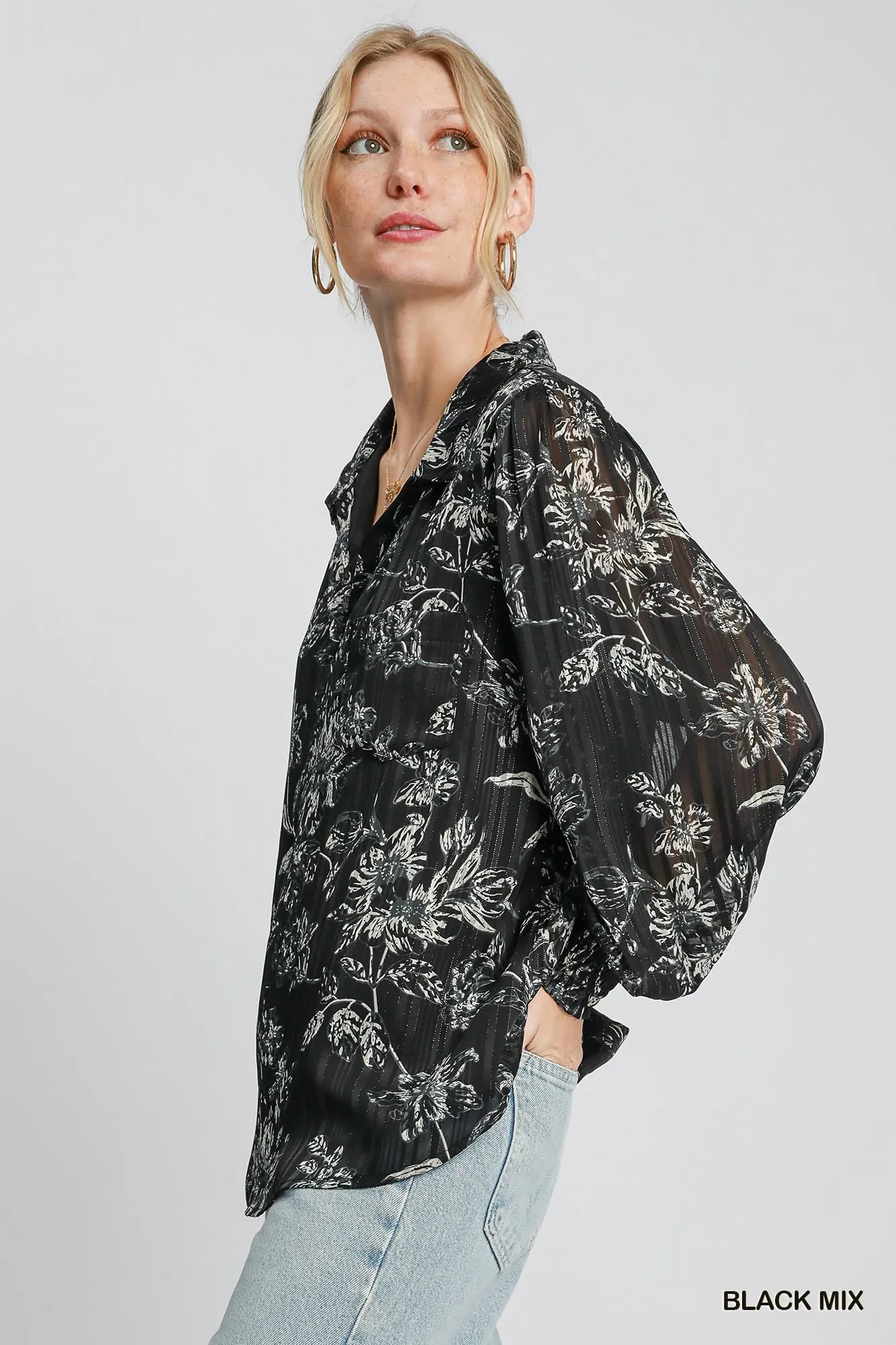 Lurex Floral Print Collared Top
