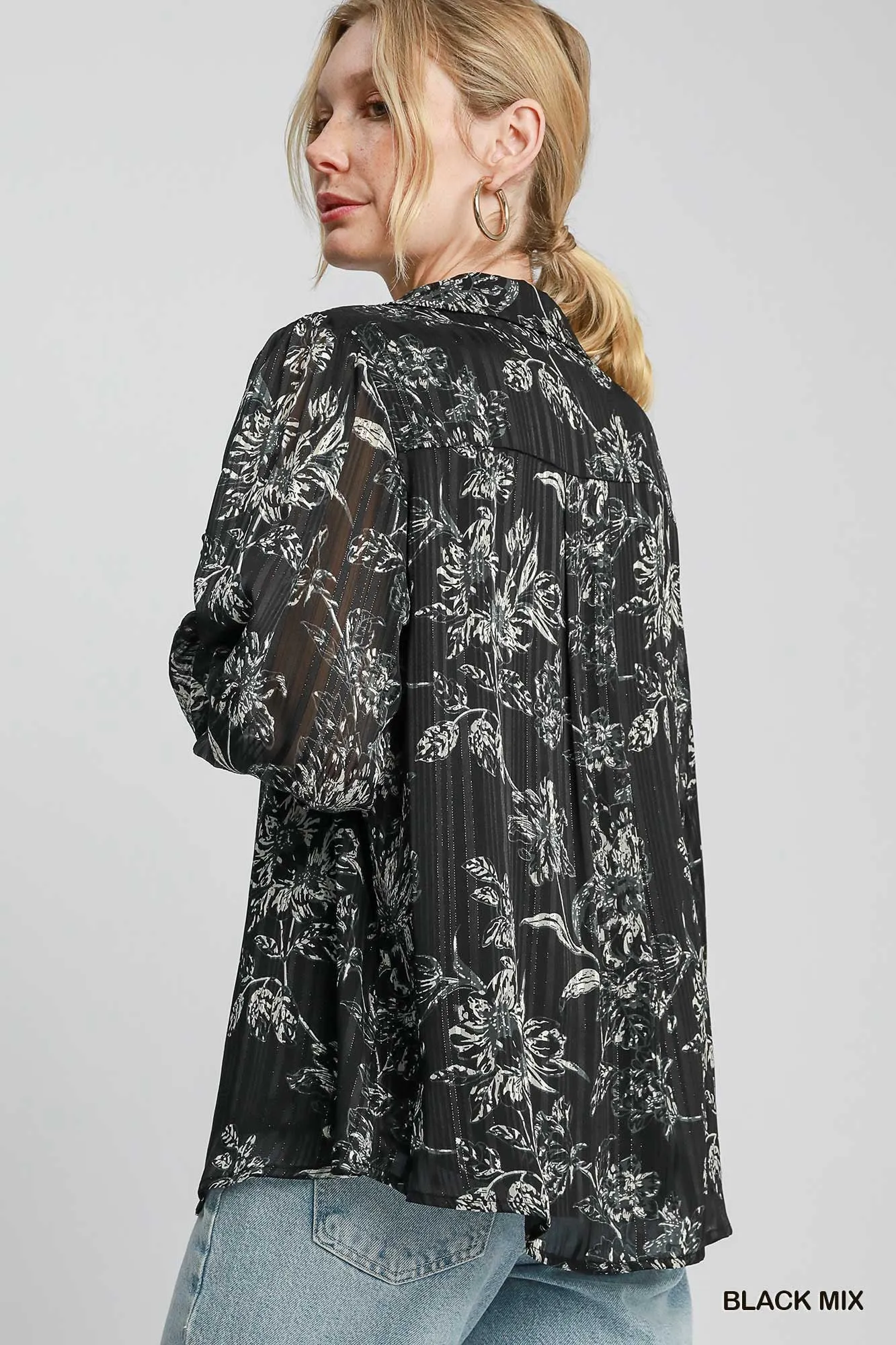 Lurex Floral Print Collared Top