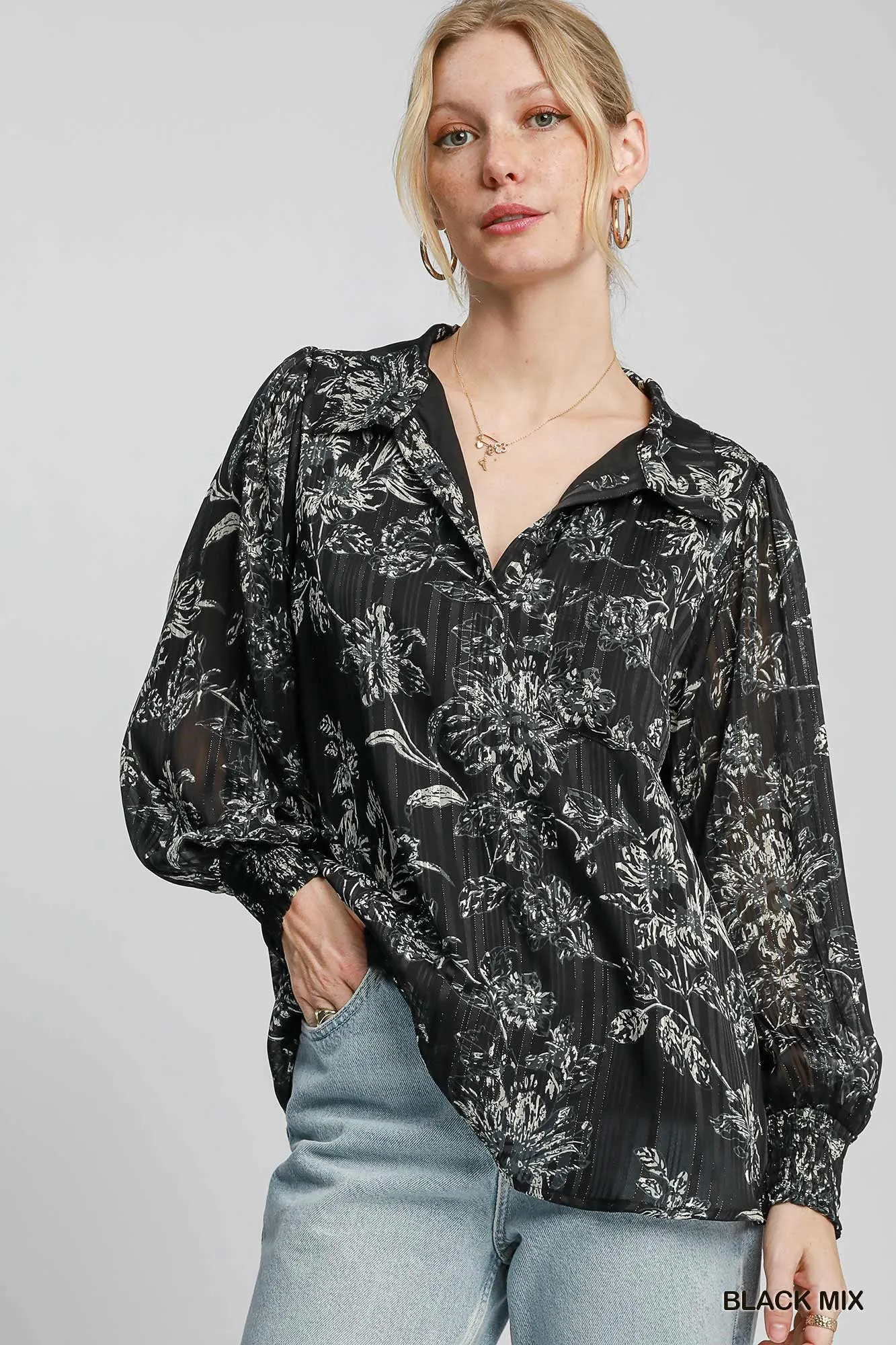 Lurex Floral Print Collared Top