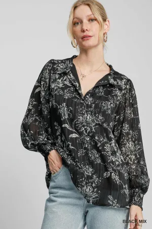 Lurex Floral Print Collared Top