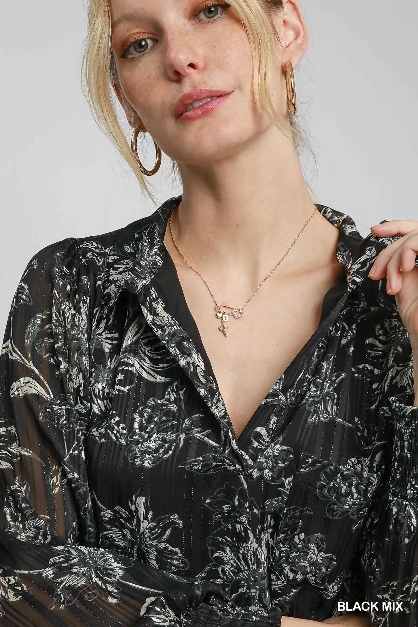 Lurex Floral Print Collared Top